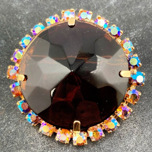 VINTAGE Big rhinestone and brown glass stone brooch ~ 1950s 1960s statement pin - Picture 5 of 9